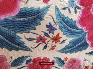 1146 Antique Floral Manila Manton Cantonese Shawl with Double Sided Embroidery-WOVENSOULS-Antique-Vintage-Textiles-Art-Decor