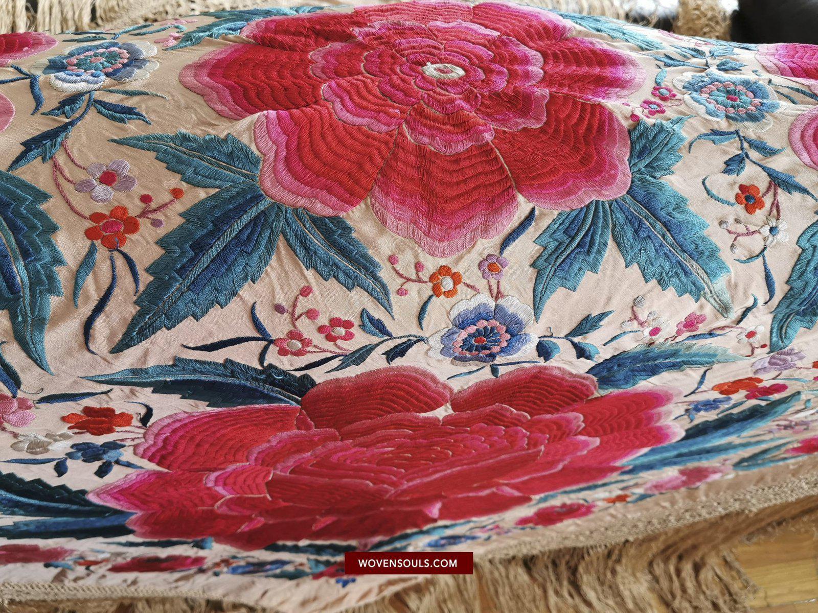 1146 Antique Floral Manila Manton Cantonese Shawl with Double Sided Embroidery-WOVENSOULS-Antique-Vintage-Textiles-Art-Decor