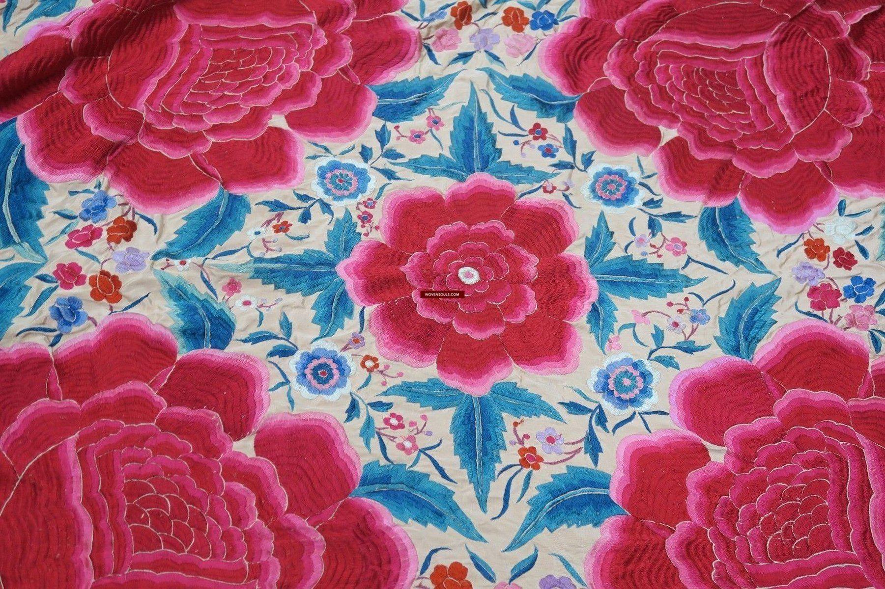 1146 Antique Floral Manila Manton Cantonese Shawl with Double Sided Embroidery-WOVENSOULS-Antique-Vintage-Textiles-Art-Decor