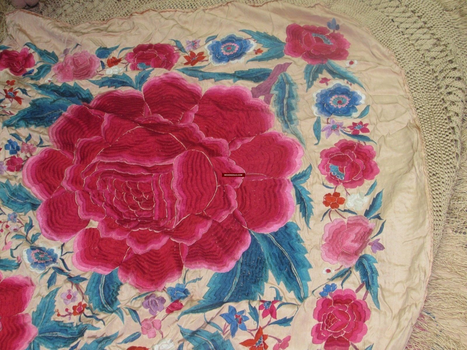 1146 Antique Floral Manila Manton Cantonese Shawl with Double Sided Embroidery-WOVENSOULS-Antique-Vintage-Textiles-Art-Decor