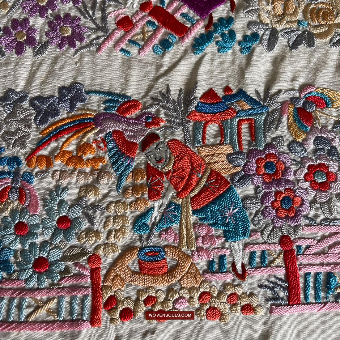 1147 Antique Double Sided Embroidery Manila Manton - Cantonese Embroidery-WOVENSOULS Antique Textiles &amp; Art Gallery