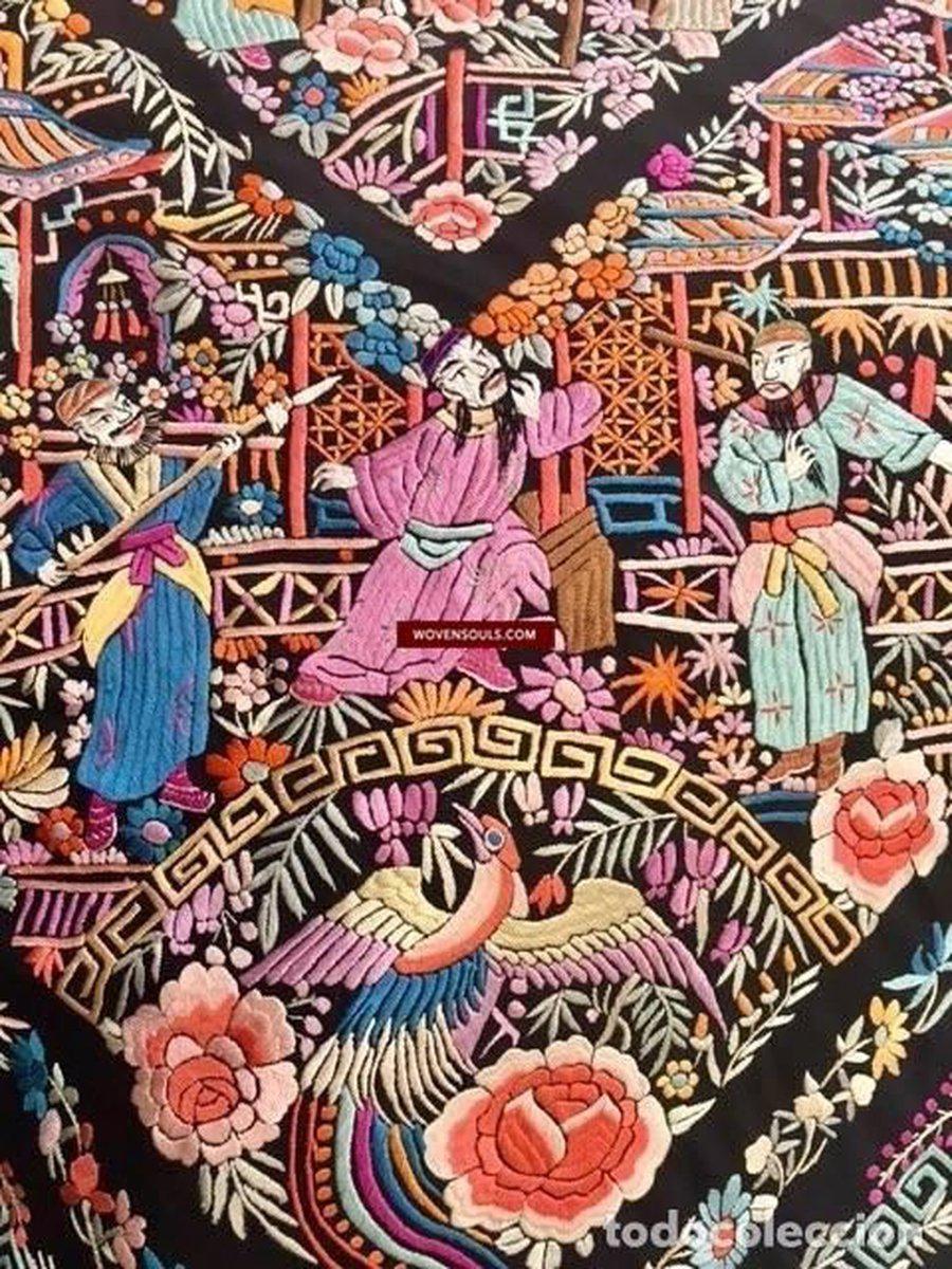 1148 Antique Double Sided Embroidery Manila Manton - Cantonese Embroidery-WOVENSOULS-Antique-Vintage-Textiles-Art-Decor