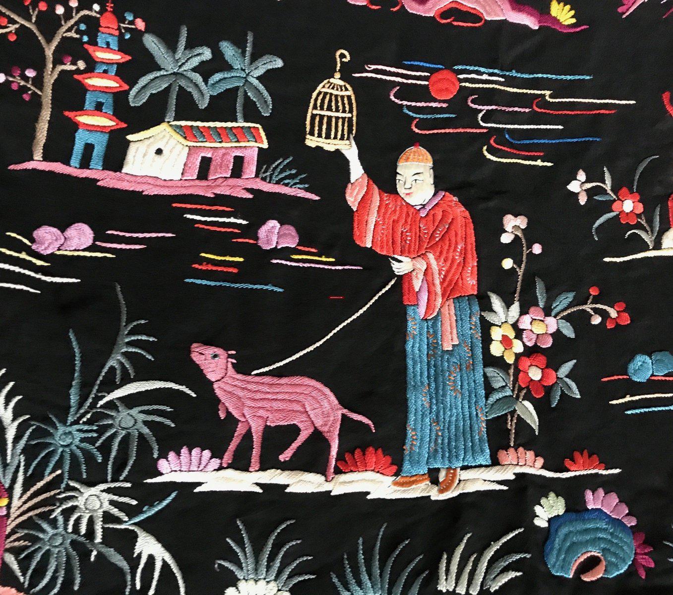 1149 Antique Double Sided Embroidery Manila Manton - Cantonese Embroidery - Village Scenes-WOVENSOULS-Antique-Vintage-Textiles-Art-Decor