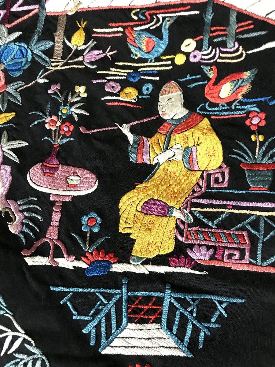 1149 Antique Double Sided Embroidery Manila Manton - Cantonese Embroidery - Village Scenes-WOVENSOULS-Antique-Vintage-Textiles-Art-Decor