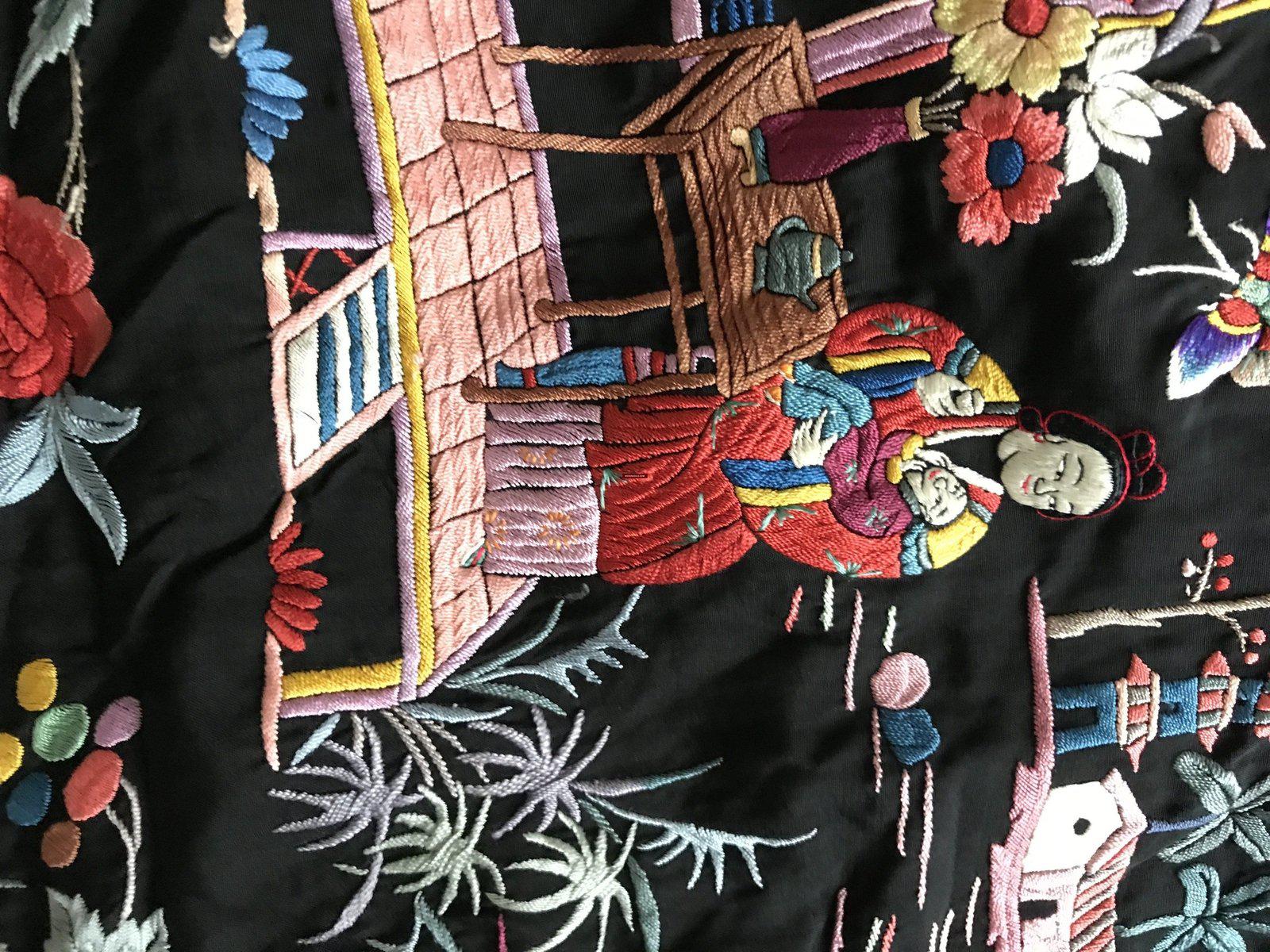 1149 Antique Double Sided Embroidery Manila Manton - Cantonese Embroidery - Village Scenes-WOVENSOULS-Antique-Vintage-Textiles-Art-Decor