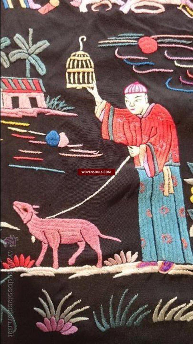 1149 Antique Double Sided Embroidery Manila Manton - Cantonese Embroidery - Village Scenes-WOVENSOULS-Antique-Vintage-Textiles-Art-Decor