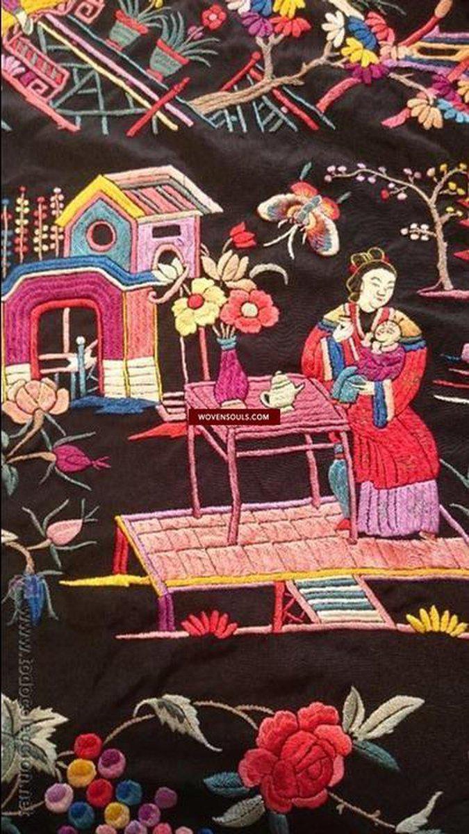 1149 Antique Double Sided Embroidery Manila Manton - Cantonese Embroidery - Village Scenes-WOVENSOULS-Antique-Vintage-Textiles-Art-Decor