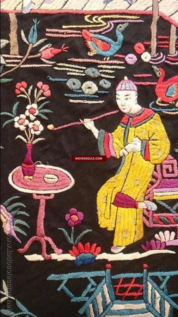 1149 Antique Double Sided Embroidery Manila Manton - Cantonese Embroidery - Village Scenes-WOVENSOULS-Antique-Vintage-Textiles-Art-Decor