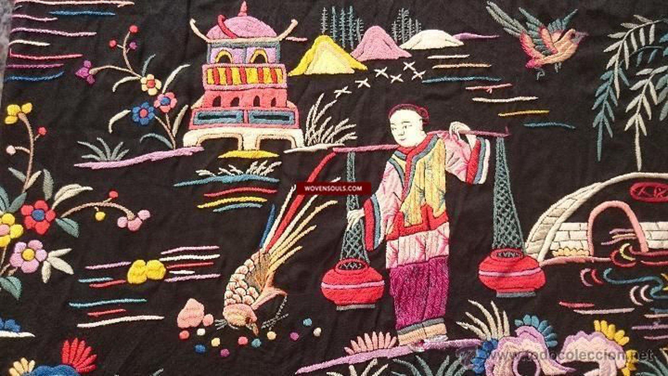 1149 Antique Double Sided Embroidery Manila Manton - Cantonese Embroidery - Village Scenes-WOVENSOULS-Antique-Vintage-Textiles-Art-Decor