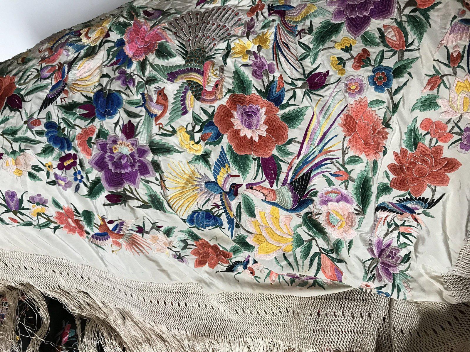 1150 Antique Double Sided Embroidery Manila Manton - Cantonese Embroidery WHite base-WOVENSOULS-Antique-Vintage-Textiles-Art-Decor