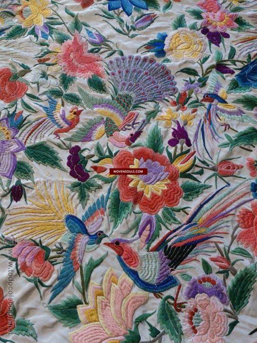 1150 Antique Double Sided Embroidery Manila Manton - Cantonese Embroidery WHite base-WOVENSOULS-Antique-Vintage-Textiles-Art-Decor