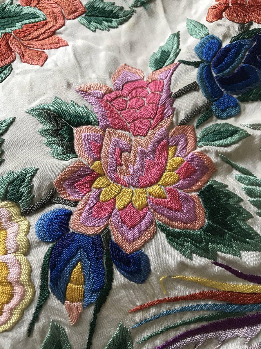 1150 Antique Double Sided Embroidery Manila Manton - Cantonese Embroidery WHite base-WOVENSOULS-Antique-Vintage-Textiles-Art-Decor