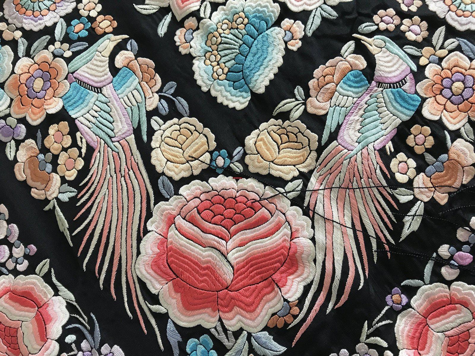 1152 Antique Double Sided Embroidery Manila Manton - Cantonese Embroidery with Peacocks-WOVENSOULS-Antique-Vintage-Textiles-Art-Decor