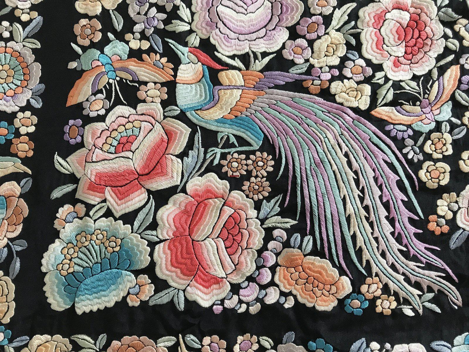 1152 Antique Double Sided Embroidery Manila Manton - Cantonese Embroidery with Peacocks-WOVENSOULS-Antique-Vintage-Textiles-Art-Decor