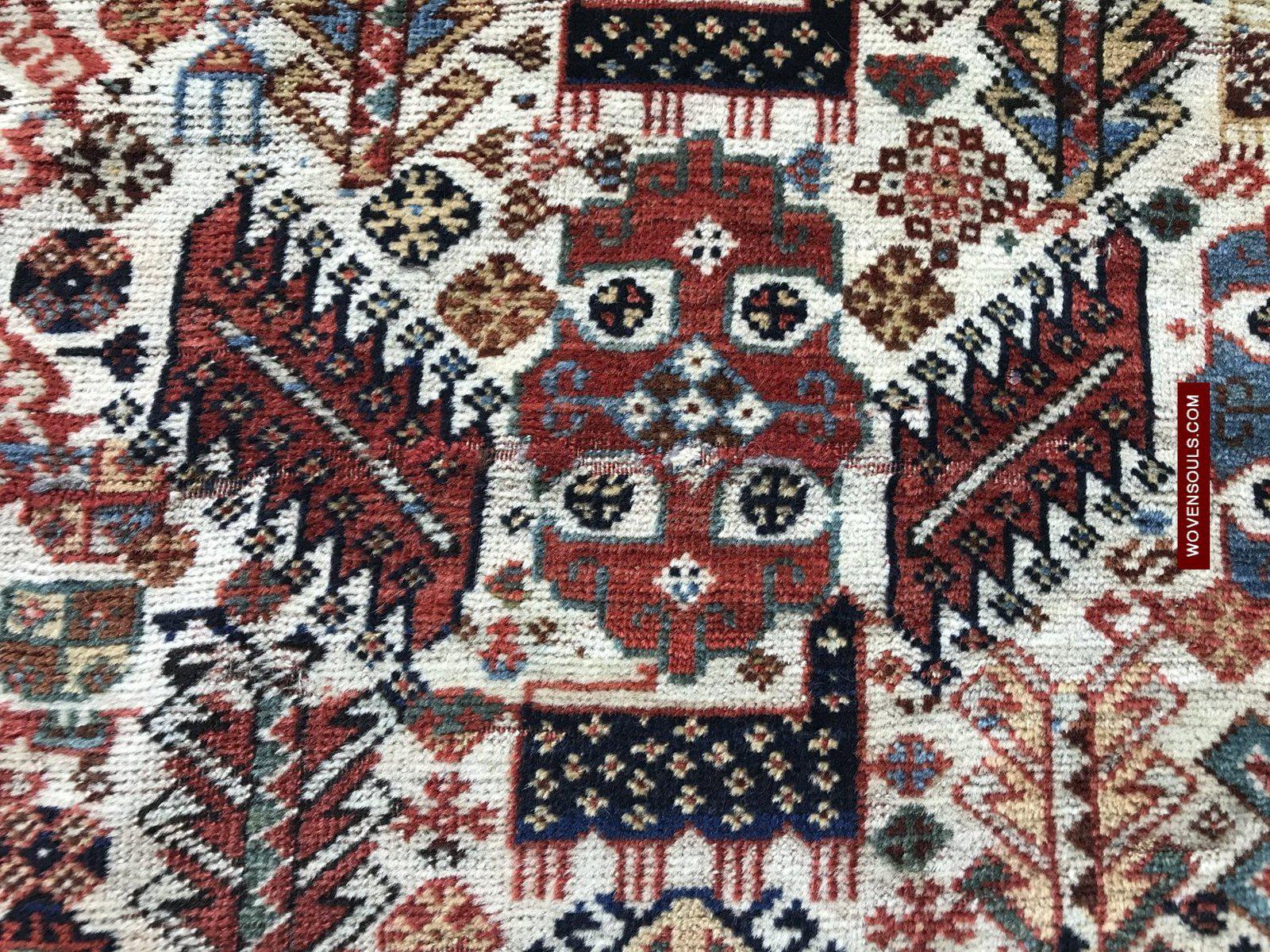 1540 Antique White Field Shekarlou Shekarlu Qashqai Rug with Animals in the Border - NFS-WOVENSOULS-Antique-Vintage-Textiles-Art-Decor