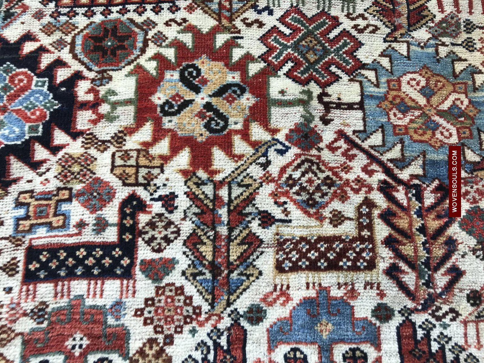 1540 Antique White Field Shekarlou Shekarlu Qashqai Rug with Animals in the Border - NFS-WOVENSOULS-Antique-Vintage-Textiles-Art-Decor