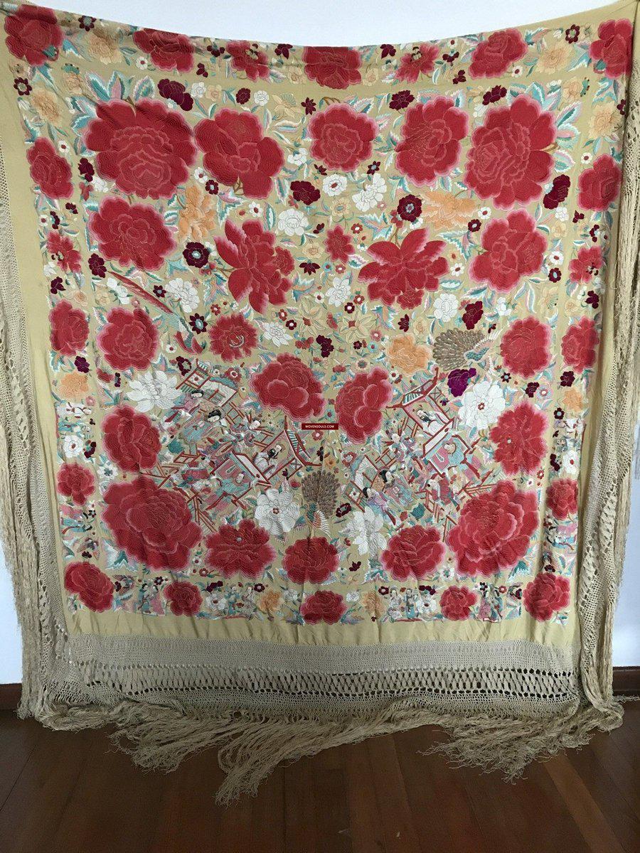 1157 Antique Double Sided Embroidery Manila Manton - Cantonese Embroidery with faces-WOVENSOULS-Antique-Vintage-Textiles-Art-Decor