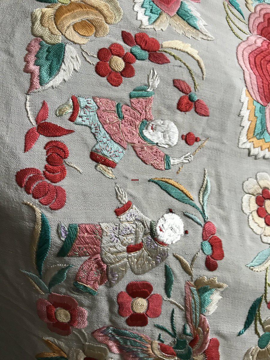 1160 Antique Double Sided Embroidery Manila Manton - Cantonese Embroidery - White Base-WOVENSOULS-Antique-Vintage-Textiles-Art-Decor