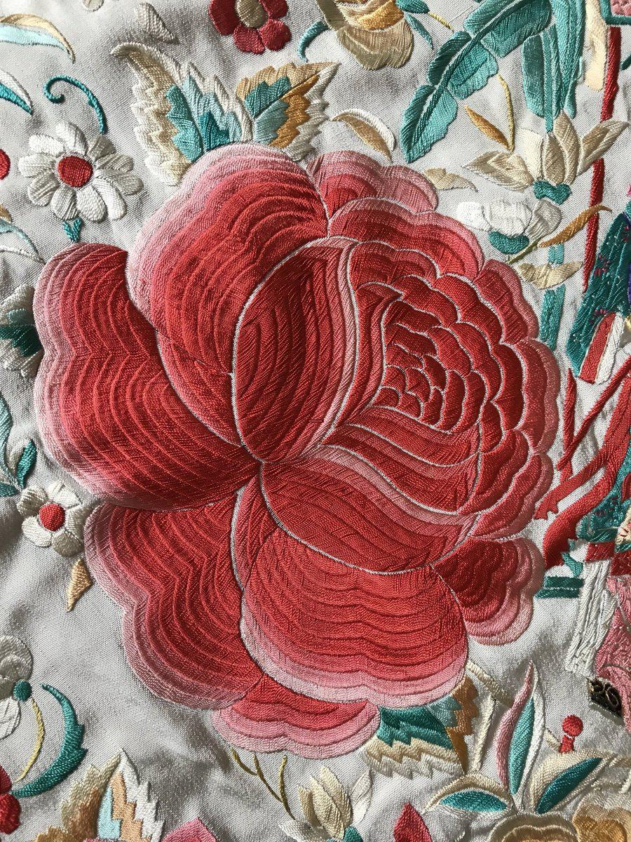 1160 Antique Double Sided Embroidery Manila Manton - Cantonese Embroidery - White Base-WOVENSOULS-Antique-Vintage-Textiles-Art-Decor