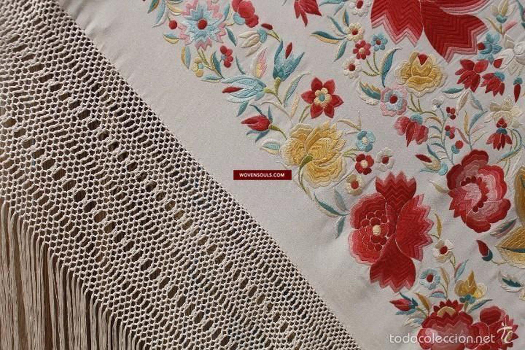 1160 Antique Double Sided Embroidery Manila Manton - Cantonese Embroidery - White Base-WOVENSOULS-Antique-Vintage-Textiles-Art-Decor