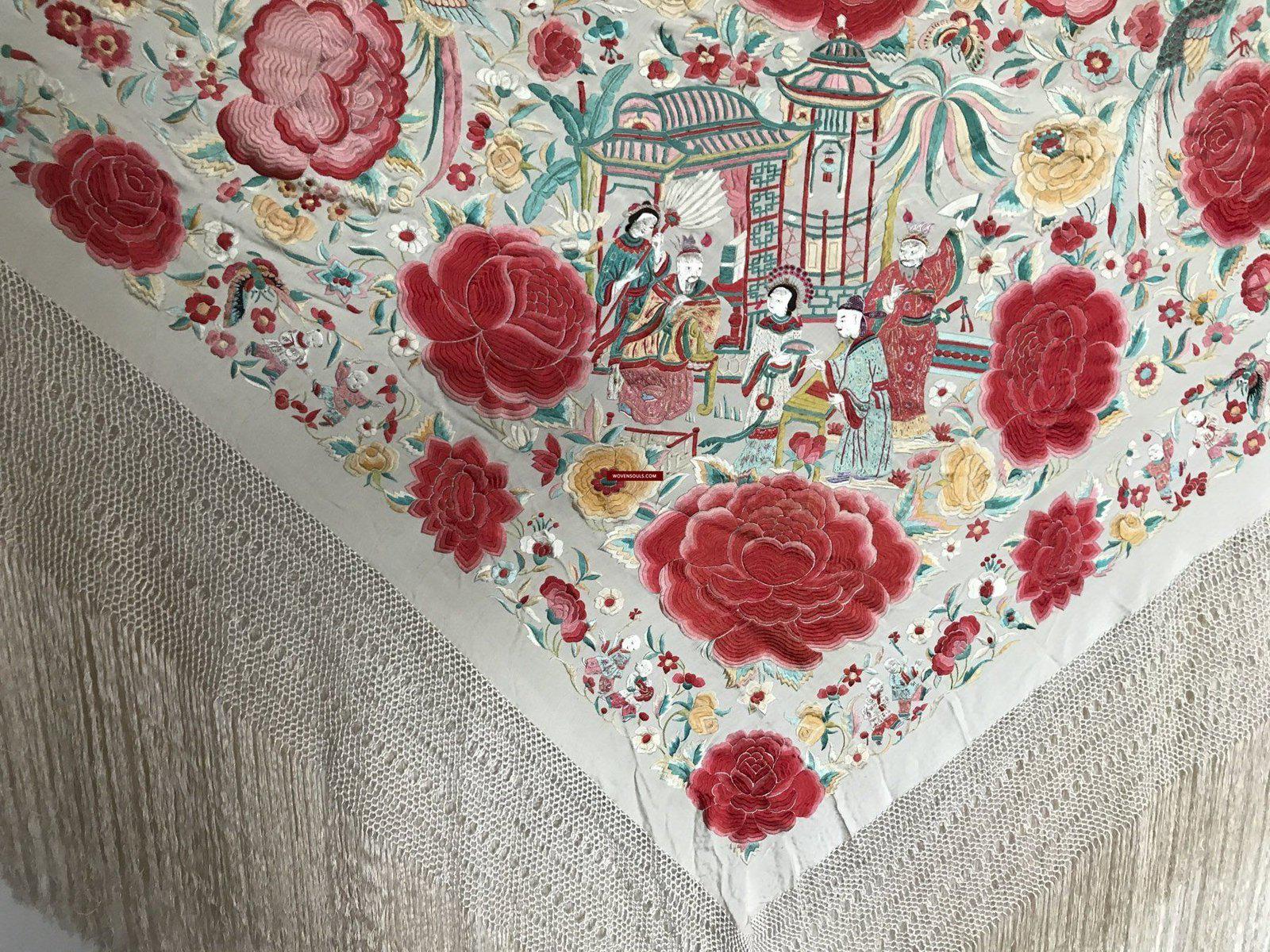 1160 Antique Double Sided Embroidery Manila Manton - Cantonese Embroidery - White Base-WOVENSOULS-Antique-Vintage-Textiles-Art-Decor