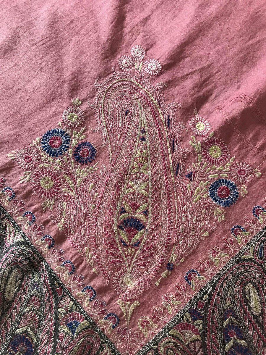 1165 SOLD Antique Kashmir Shawl Masterpiece Fragment - Pink Field with Silk - Rare-WOVENSOULS-Antique-Vintage-Textiles-Art-Decor