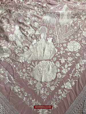 1215 Antique Double Sided Embroidery Manila Manton - Cantonese Embroidery-WOVENSOULS-Antique-Vintage-Textiles-Art-Decor