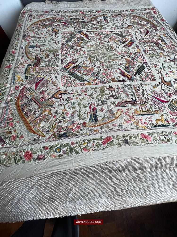 1254 Antique Double Sided Embroidery Manila Manton - Cantonese Embroidery-WOVENSOULS Antique Textiles &amp; Art Gallery