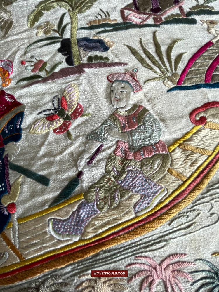 1254 Antique Double Sided Embroidery Manila Manton - Cantonese Embroidery-WOVENSOULS Antique Textiles &amp; Art Gallery