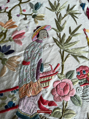 1254 Antique Double Sided Embroidery Manila Manton - Cantonese Embroidery-WOVENSOULS Antique Textiles &amp; Art Gallery
