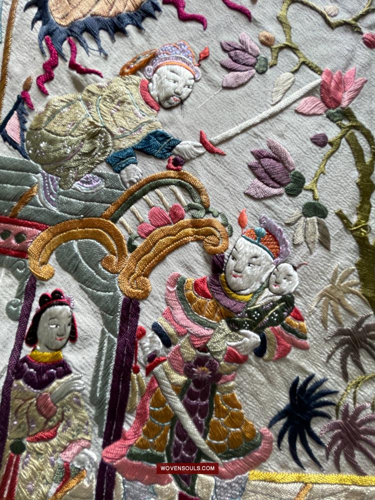 1254 Antique Double Sided Embroidery Manila Manton - Cantonese Embroidery-WOVENSOULS Antique Textiles &amp; Art Gallery