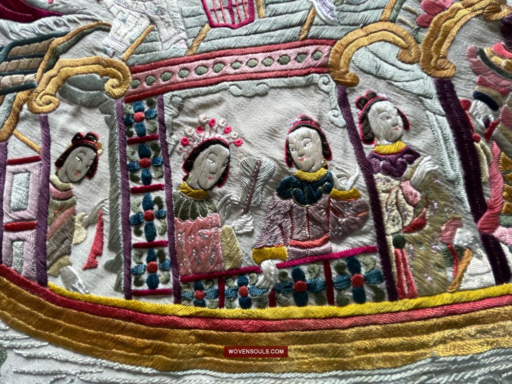 1254 Antique Double Sided Embroidery Manila Manton - Cantonese Embroidery-WOVENSOULS Antique Textiles &amp; Art Gallery