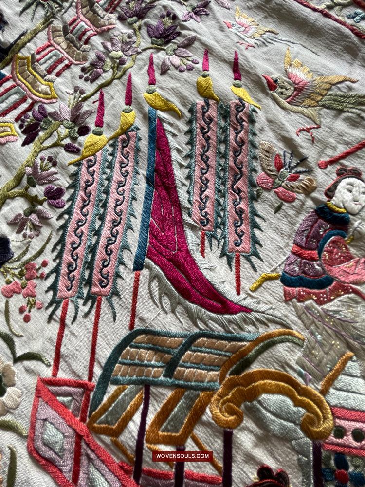 1254 Antique Double Sided Embroidery Manila Manton - Cantonese Embroidery-WOVENSOULS Antique Textiles &amp; Art Gallery