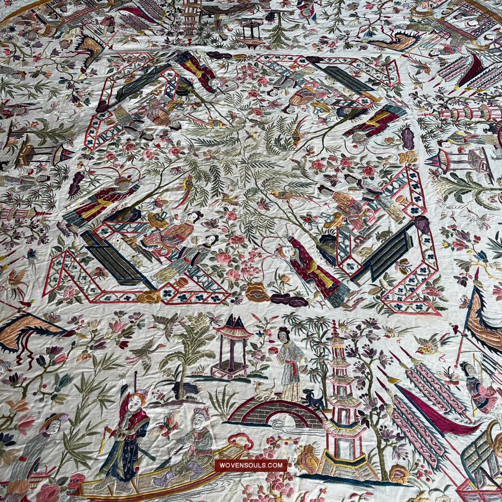 1254 Antique Double Sided Embroidery Manila Manton - Cantonese Embroidery-WOVENSOULS Antique Textiles &amp; Art Gallery