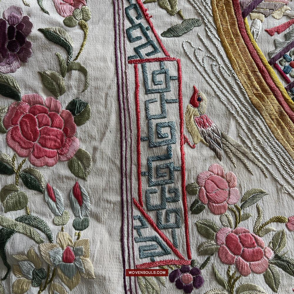 1254 Antique Double Sided Embroidery Manila Manton - Cantonese Embroidery-WOVENSOULS Antique Textiles &amp; Art Gallery