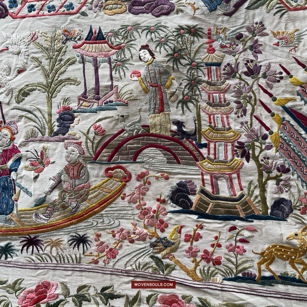 1254 Antique Double Sided Embroidery Manila Manton - Cantonese Embroidery-WOVENSOULS Antique Textiles &amp; Art Gallery