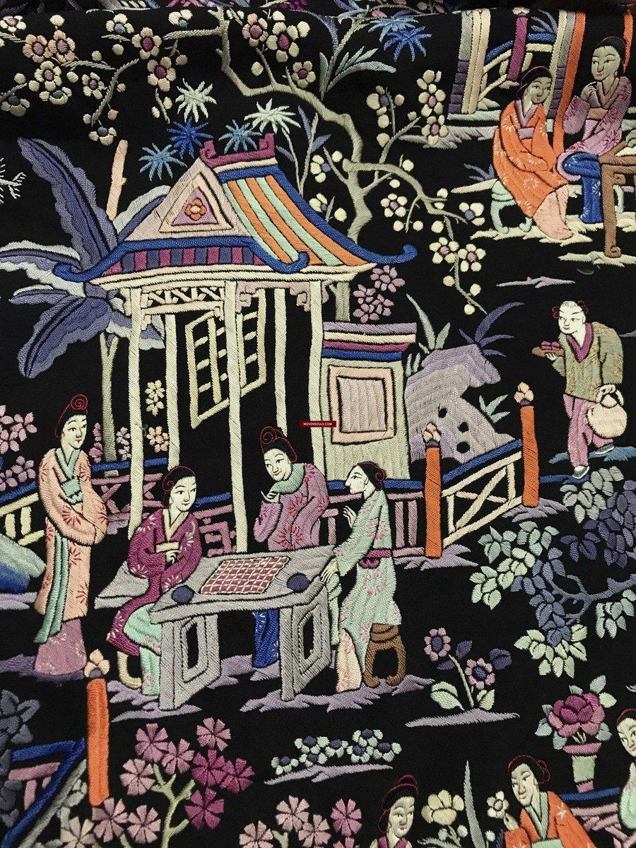 1255 Antique Double Sided Embroidery Manila Manton - Cantonese Embroidery - Baby Scene-WOVENSOULS-Antique-Vintage-Textiles-Art-Decor