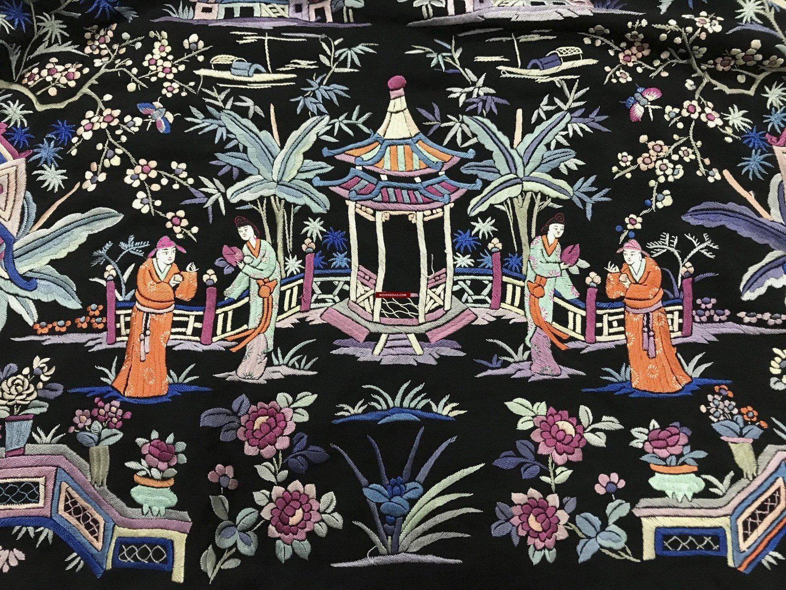 1255 Antique Double Sided Embroidery Manila Manton - Cantonese Embroidery - Baby Scene-WOVENSOULS-Antique-Vintage-Textiles-Art-Decor