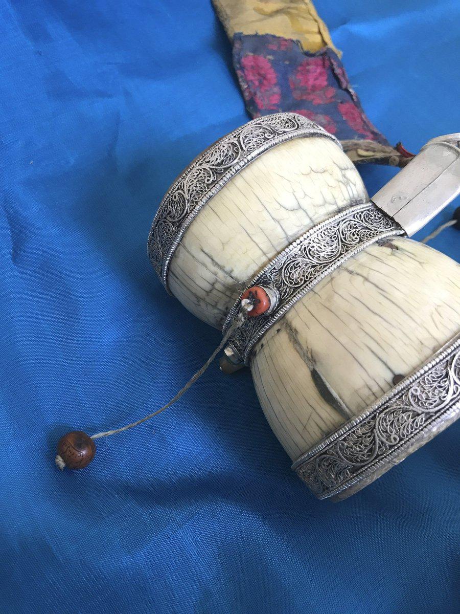 1285 Rare Antique Tibetan Buddhist Ritual Object Damru Drum-WOVENSOULS-Antique-Vintage-Textiles-Art-Decor