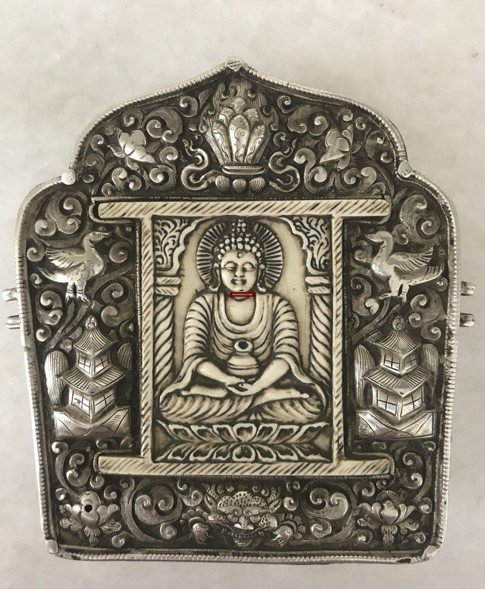 1287 Rare Antique Tibetan Buddhist Silver Ghau with Bone Inlay-WOVENSOULS-Antique-Vintage-Textiles-Art-Decor