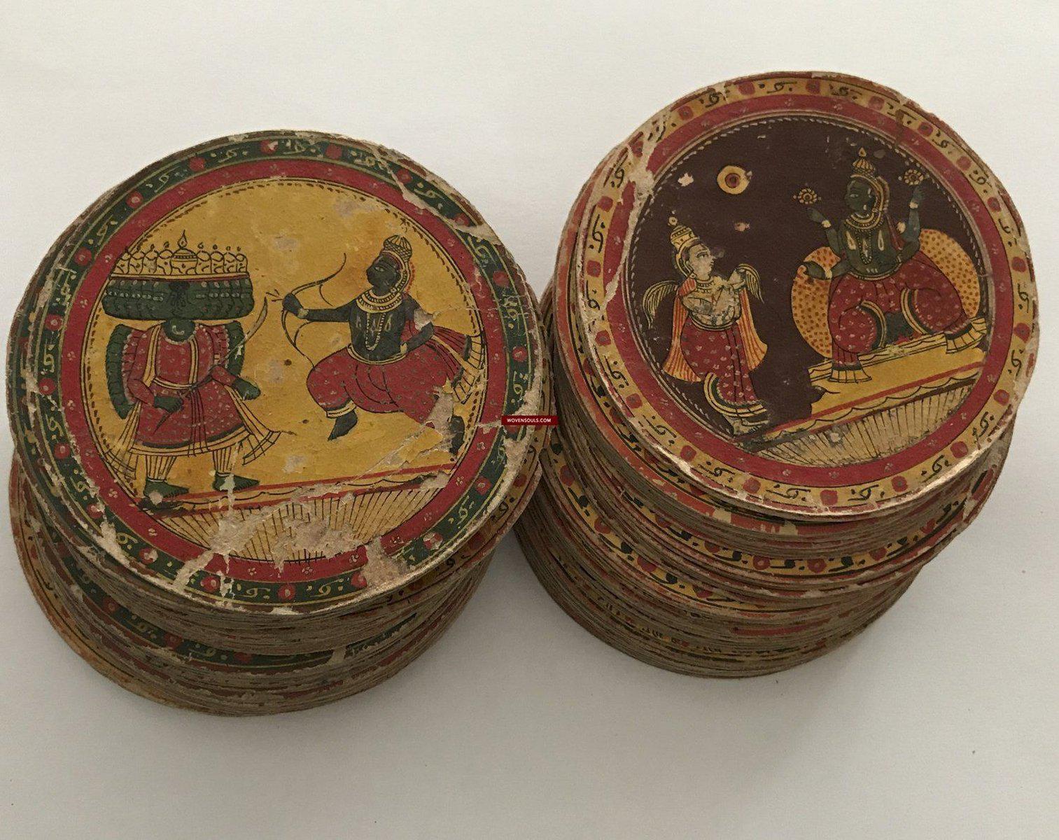 1294 SOLD - Old Painted Ganjifa Playing Cards - Complete Set, India-WOVENSOULS-Antique-Vintage-Textiles-Art-Decor
