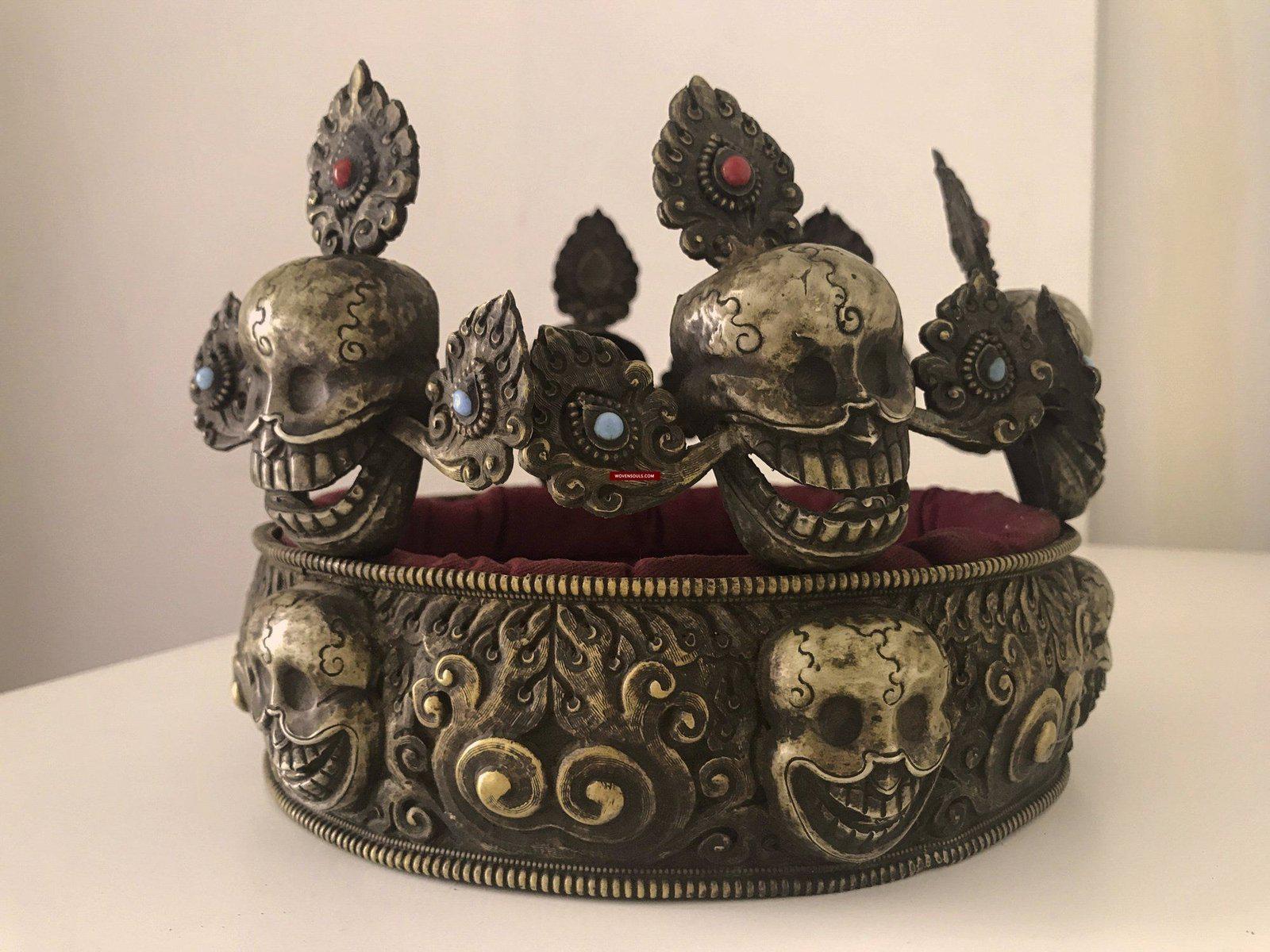 1310 Antique Buddhist Tantric Priest Ceremonial Crown Diadem with Pancha Buddha-WOVENSOULS-Antique-Vintage-Textiles-Art-Decor