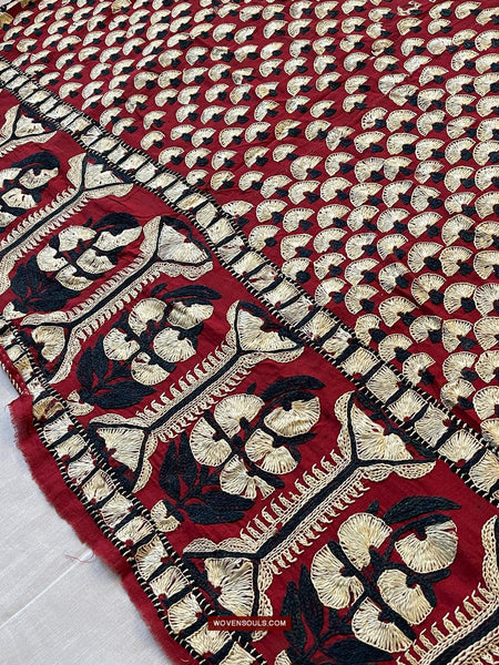 1364 Superb Antique Sindh Odhana Abochani Wedding Shawl - Deep Red Base-WOVENSOULS Antique Textiles & Art Gallery