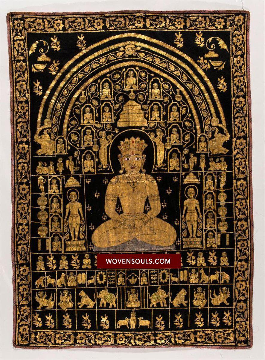 1370 SOLD Old Jain Pichvai Gold Warak Painting Art Masterpiece - Lord Mahavir-WOVENSOULS-Antique-Vintage-Textiles-Art-Decor