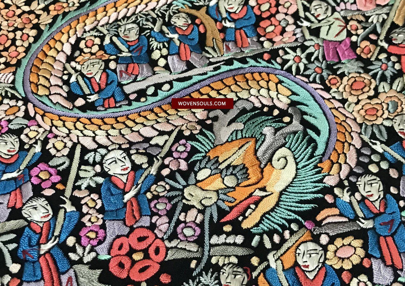 1385 Antique Double Sided Embroidery Manila Manton - Cantonese Embroidery - Dragon Dance-WOVENSOULS-Antique-Vintage-Textiles-Art-Decor