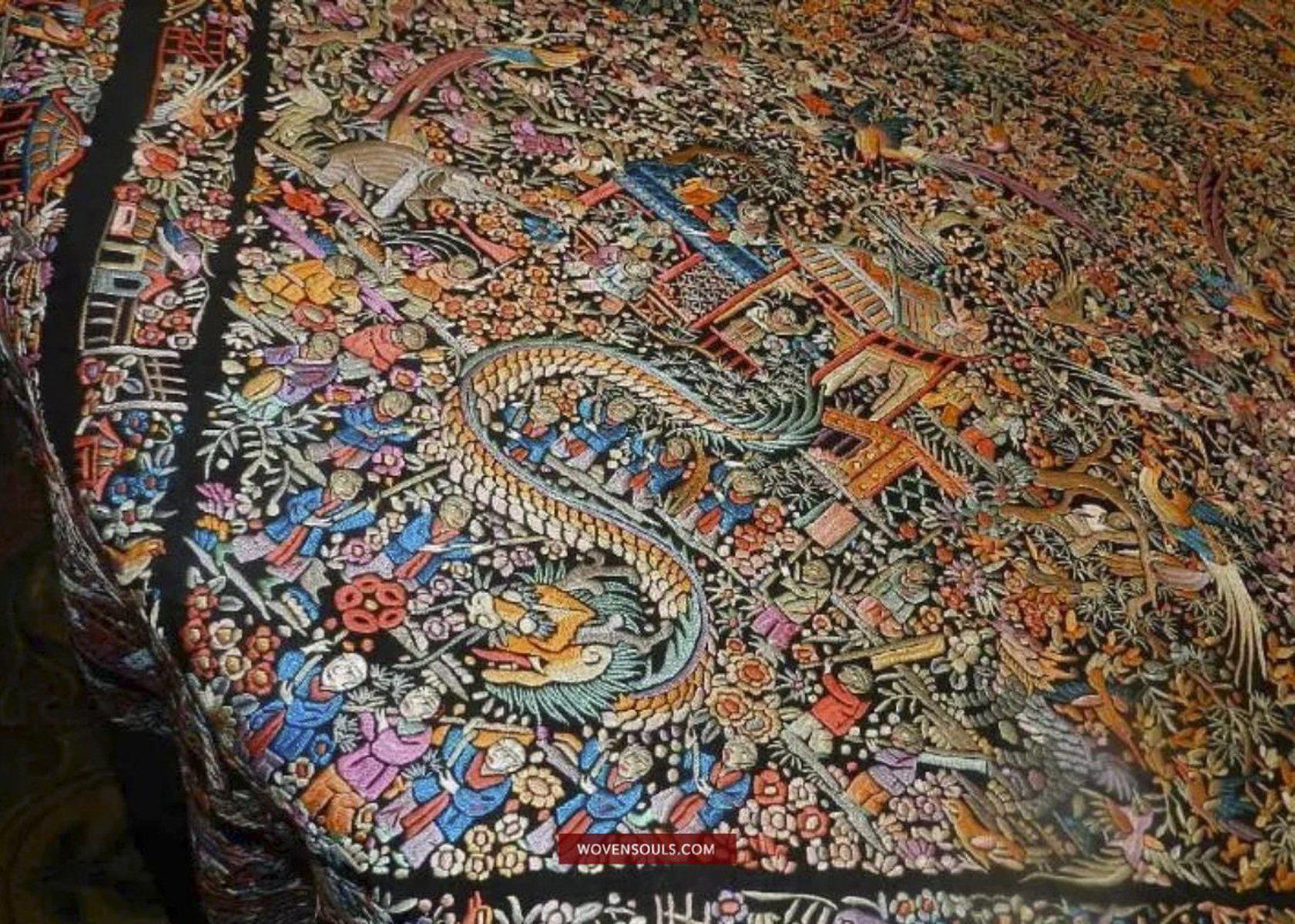 1385 Antique Double Sided Embroidery Manila Manton - Cantonese Embroidery - Dragon Dance-WOVENSOULS-Antique-Vintage-Textiles-Art-Decor