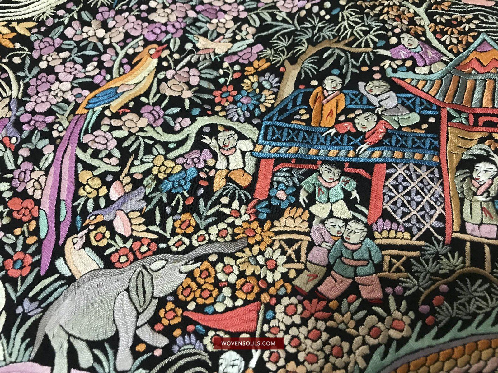 1385 Antique Double Sided Embroidery Manila Manton - Cantonese Embroidery - Dragon Dance-WOVENSOULS-Antique-Vintage-Textiles-Art-Decor