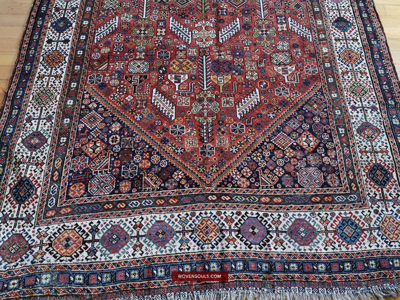 1388 Antique Red Field Shekarlou Shekarlu Qashqai Rug with Animals / Peacocks - NFS-WOVENSOULS-Antique-Vintage-Textiles-Art-Decor