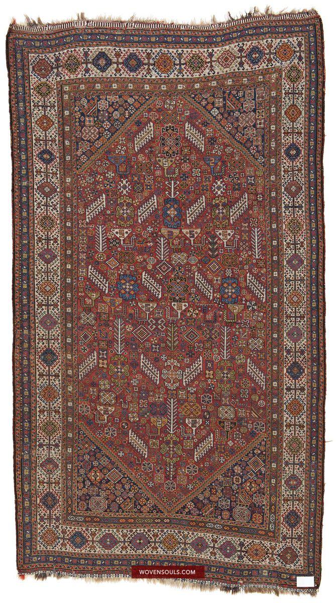 1388 Antique Red Field Shekarlou Shekarlu Qashqai Rug with Animals / Peacocks - NFS-WOVENSOULS-Antique-Vintage-Textiles-Art-Decor