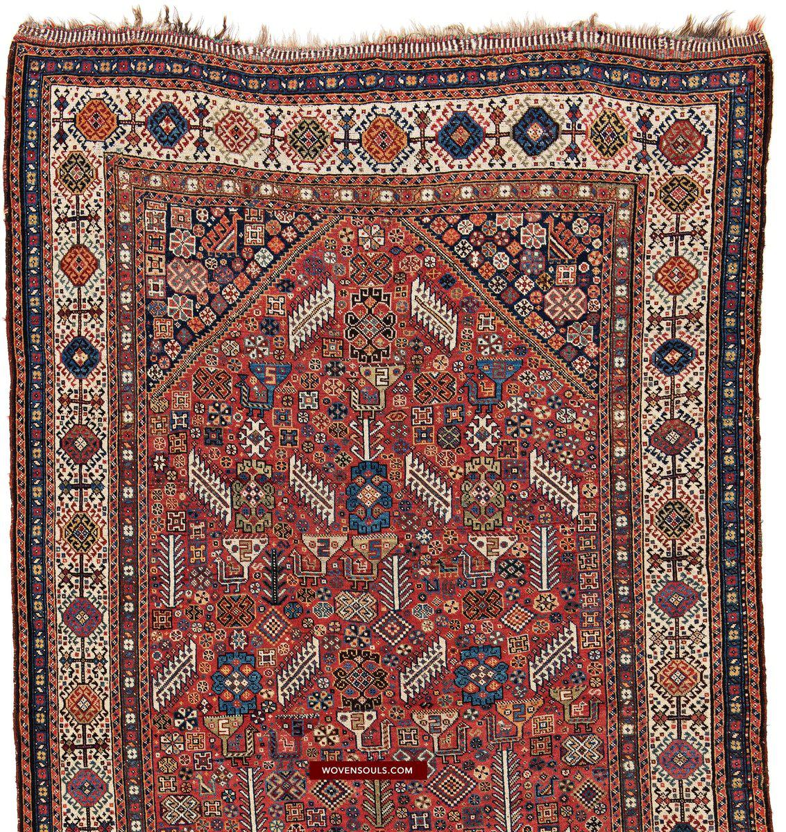 1388 Antique Red Field Shekarlou Shekarlu Qashqai Rug with Animals / Peacocks - NFS-WOVENSOULS-Antique-Vintage-Textiles-Art-Decor